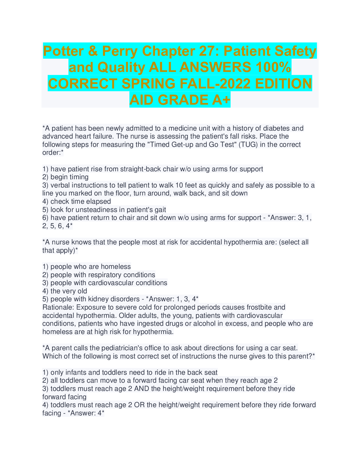 Preview image for Potter & Perry Chapter 27: Patient Safety and Quality ALL ANSWERS 100% CORRECT SPRING FALL-2022 EDITION AID GRADE A+